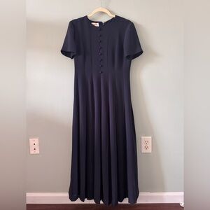 Vintage 90s Talbots Pleated Dark Navy Blue Maxi Long Dress Size 4 Zipper Back
